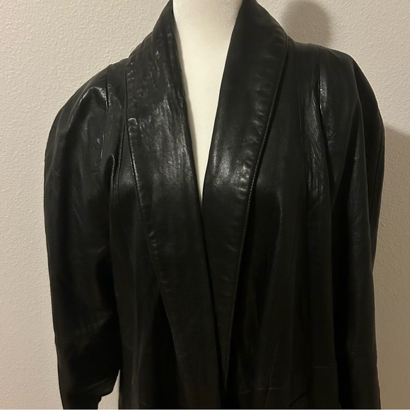 Vintage oversized buttery leather long black coat jacket puffed shoulder size M - Picture 2 of 15